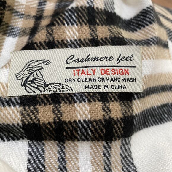 Unisex Scarf Warm Cashmere Feel Italian Design Tan Black & Cream Plaid w/ Fringe - Picture 5 of 5
